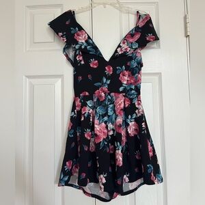 Black Floral Romper – Pink Rose Print & Green Leaves